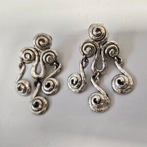 VTG Alfred Sung Silver Spiral Chandelier Clip‑On Earrings Signed Hammered Statem
